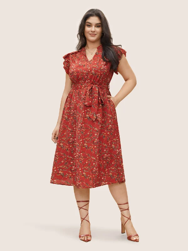 Women's Low Collar DressesDitsy Floral Frill Trim Notched Flutter Sleeve Dress