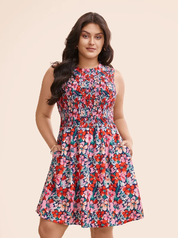 Women's V-Neck DressesFloral Shirred Frill Trim Tank Dress