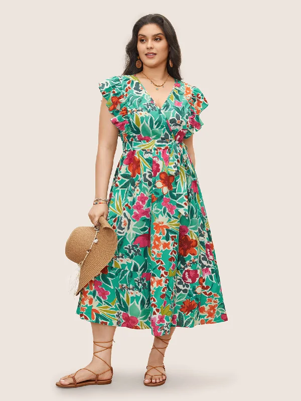 Women's Shift DressesFloral Wrap Patchwork Ruffle Cap Sleeve Dress