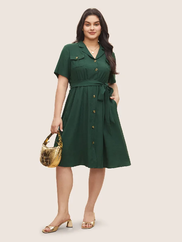 Women's Mandarin-Neck DressesPlain Suit Collar Belted Flap Detail Dress