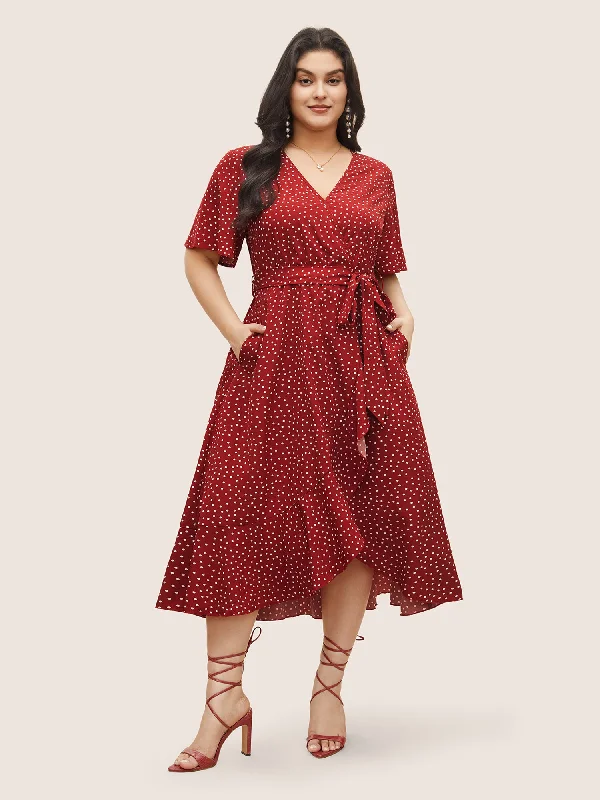 Women's Pencil DressesPolka Dot Surplice Neck Belted Arc Hem Dress