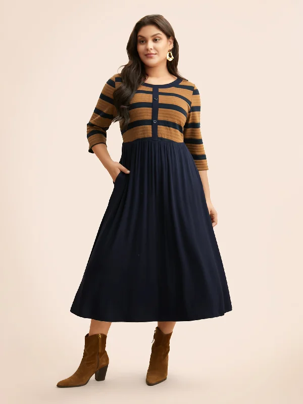 Women's Round-Neck DressesStriped Contrast Elastic Waist Dress