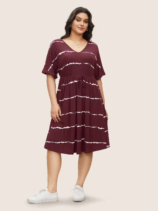 Women's Low Collar DressesTie Dye Roll Dolman Sleeve Pocket Gathered Knot Striped Dress