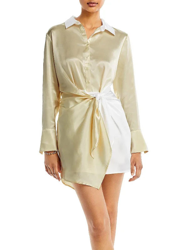 Women's One-Shoulder DressesWomens Satin Above Knee Shirtdress