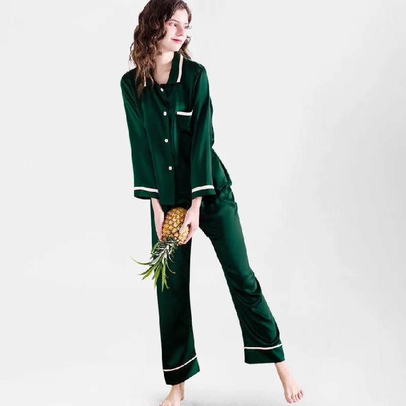 women's pajamas with pockets on the chest100% Mulberry Silk Pajamas Luxury Full Length Long  Silk Pajama Set for Women