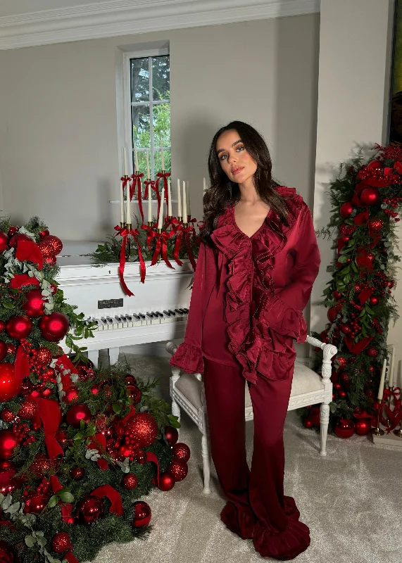 women's pajamas with a stylish cutBurgundy Luxe Satin Frill Trouser Set