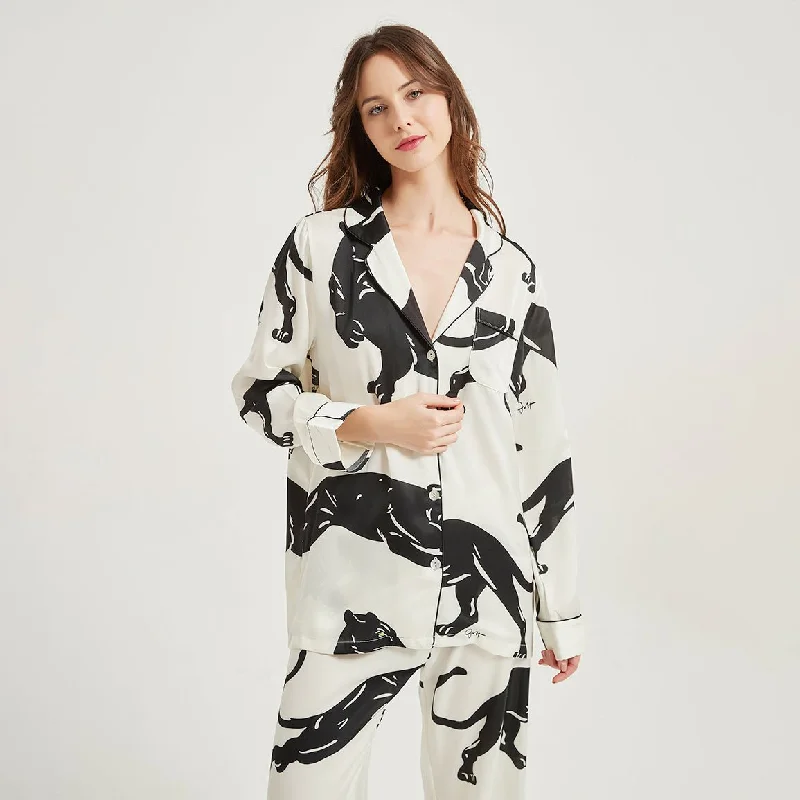 women's pajamas with a perfect blend of style and comfortLong Sleeves Silk Pajama Set Luxury Panther printed Silk Sleepwear