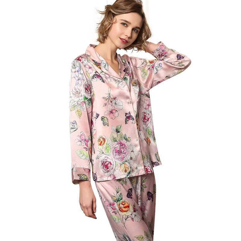 women's pajamas with a comfortable fitLuxury Mulberry Silk Ladies Pajamas Set Long Butterfly Print Silk Pajamas For Women