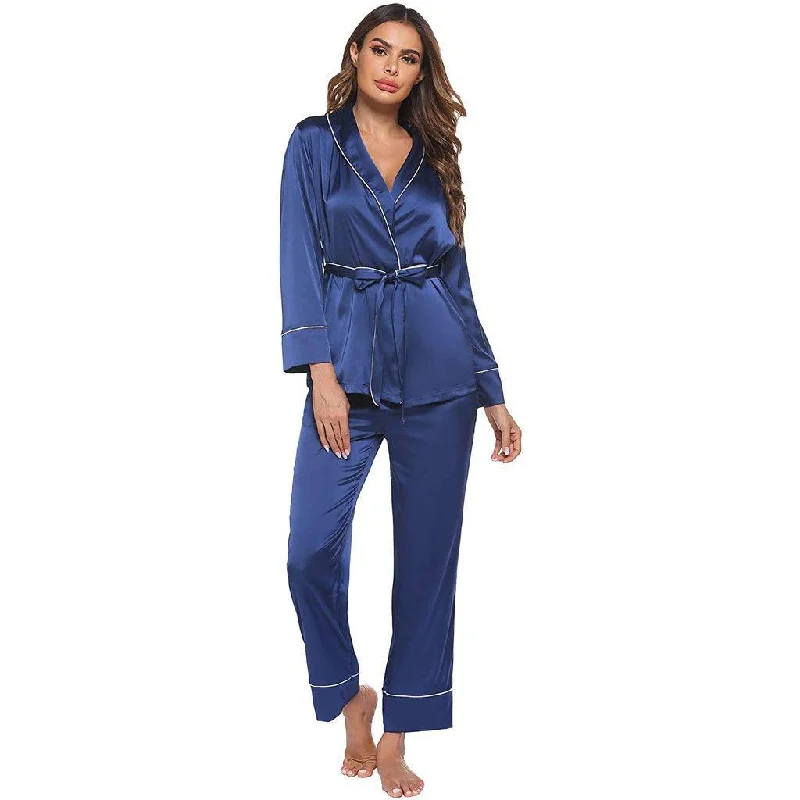 cozy women's flannel pajamasSilk Pajamas Long Sleeve Top with Belt 2 Piece for Women silk pajamas nightwear