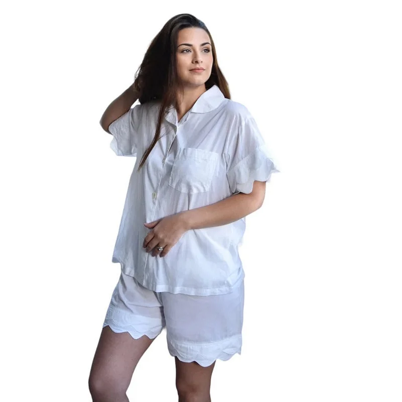 women's pajamas with a charming floral patternWhite Scalloped Cotton Short Pyjamas