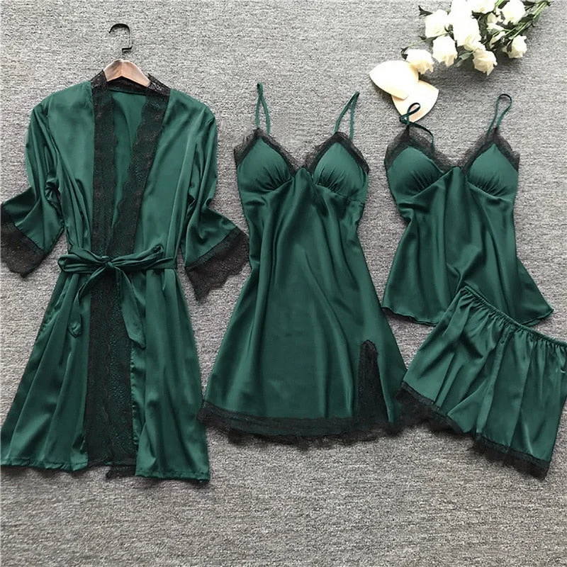 women's pajamas with a sophisticated eleganceSilk 4-piece Nightwear Ladies Solid Color Strap Lace Pajamas with Chest Pads