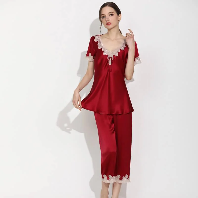 women's pajamas for movie nightsWomen's 100% Silk Pajama Set Luxury  Short Set with Lace Trimming