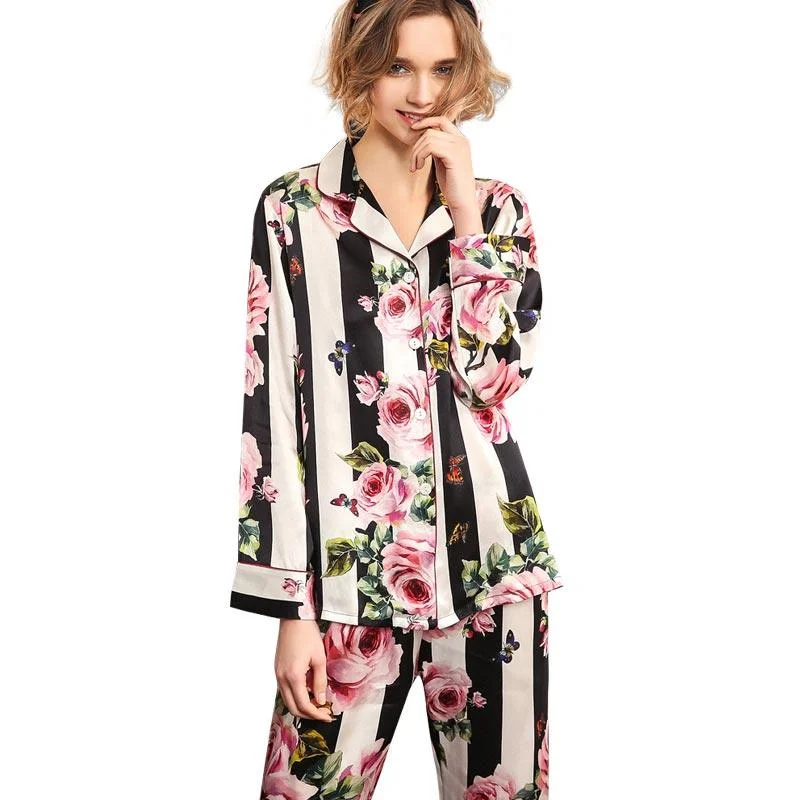 elegant women's satin pajamasWomen's White Silk luxury nightwear Striped Floral Silk Pajama Set